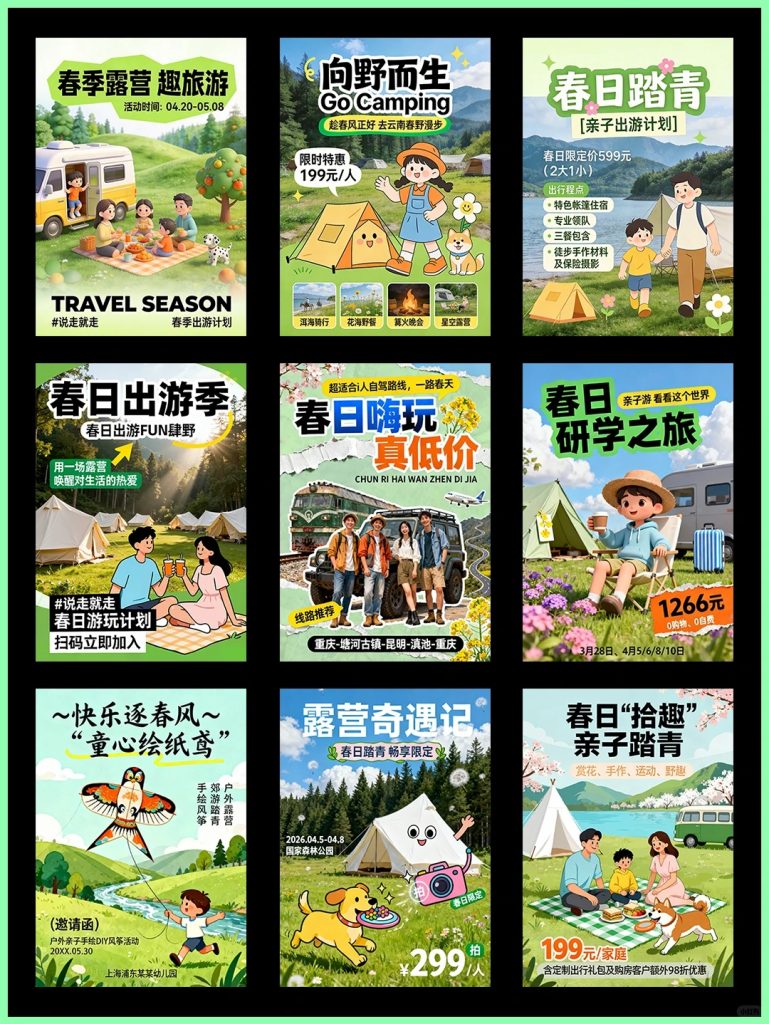 扁平风｜春季露营创意海报AI提示词附教程